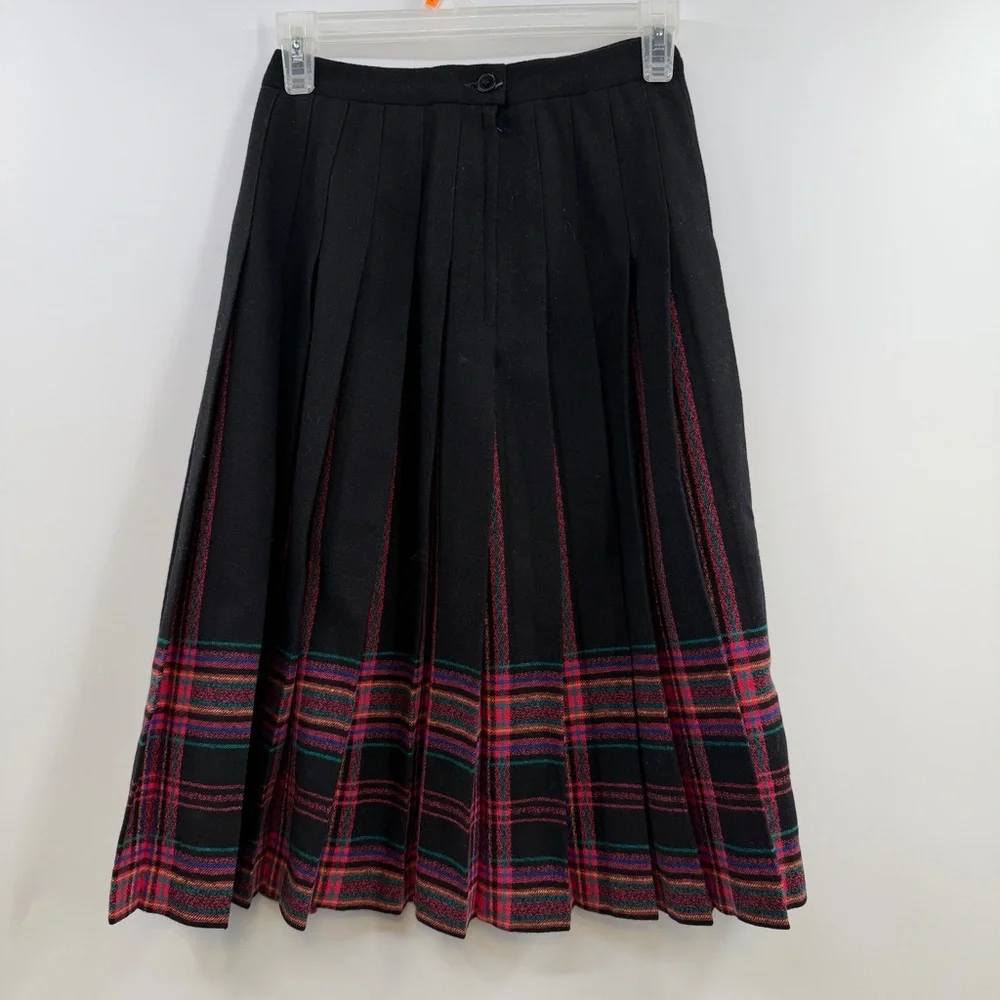Vintage Pendleton Wool Pleated Midi Skirt Tartan Hem USA Petite 4P Black